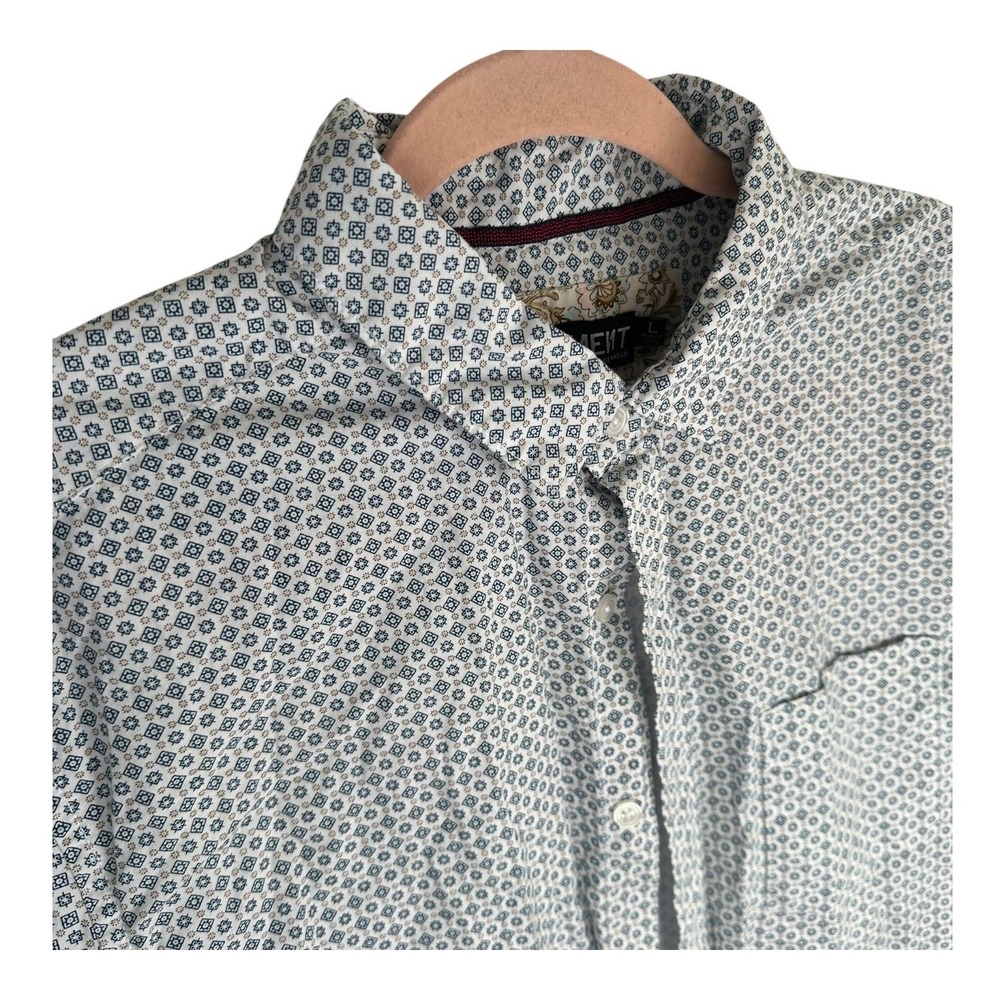 Monument Resort Prep Short Sleeve Button Up Shirt White Blue‎ Geometric Large
